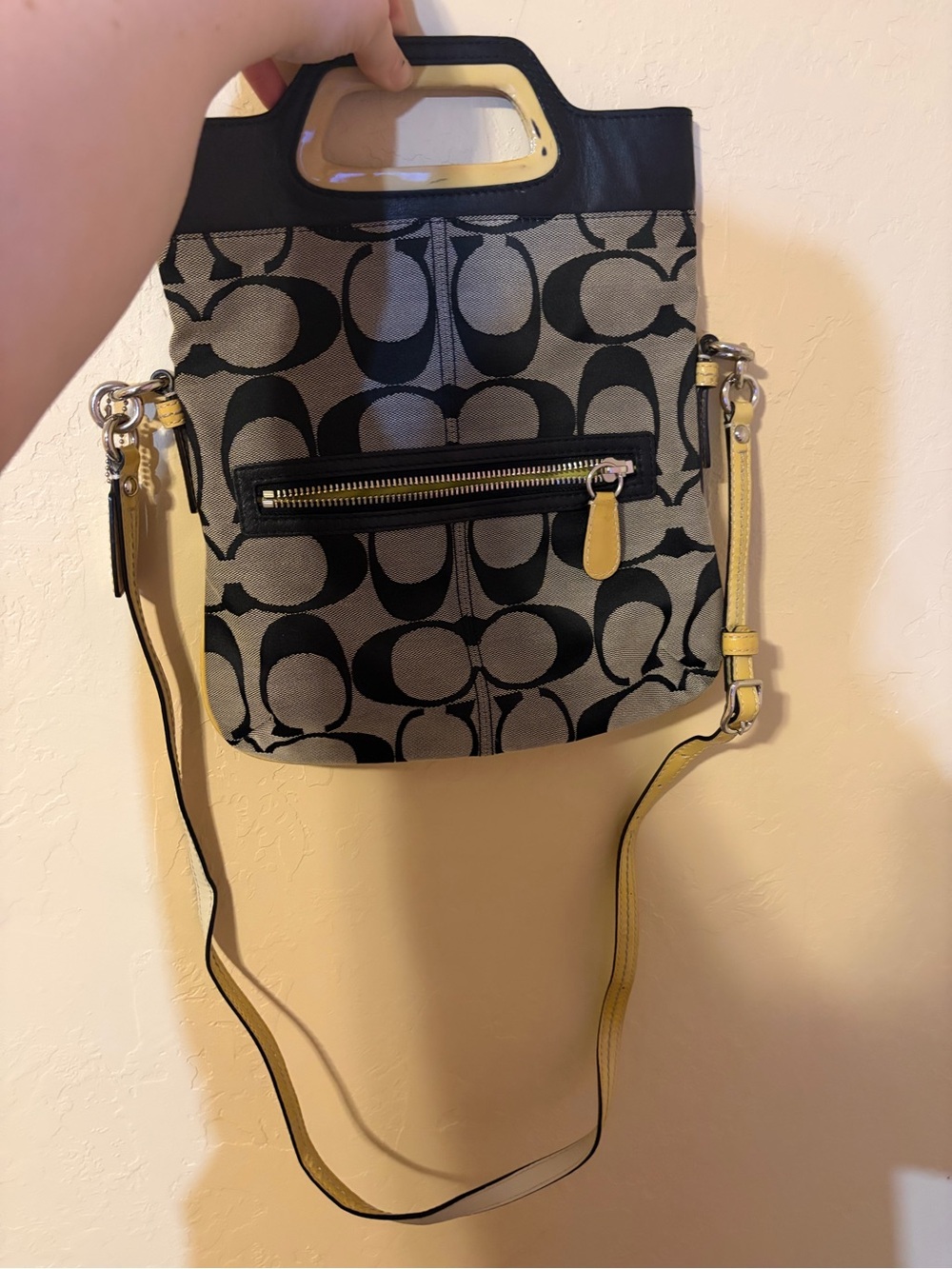 Coach Black Signature Canvas Crossbody with Yellow Trim